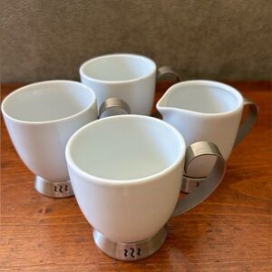 Trudeau Porcelain Coffee Mugs and Creamer with Stainless Steel Handles